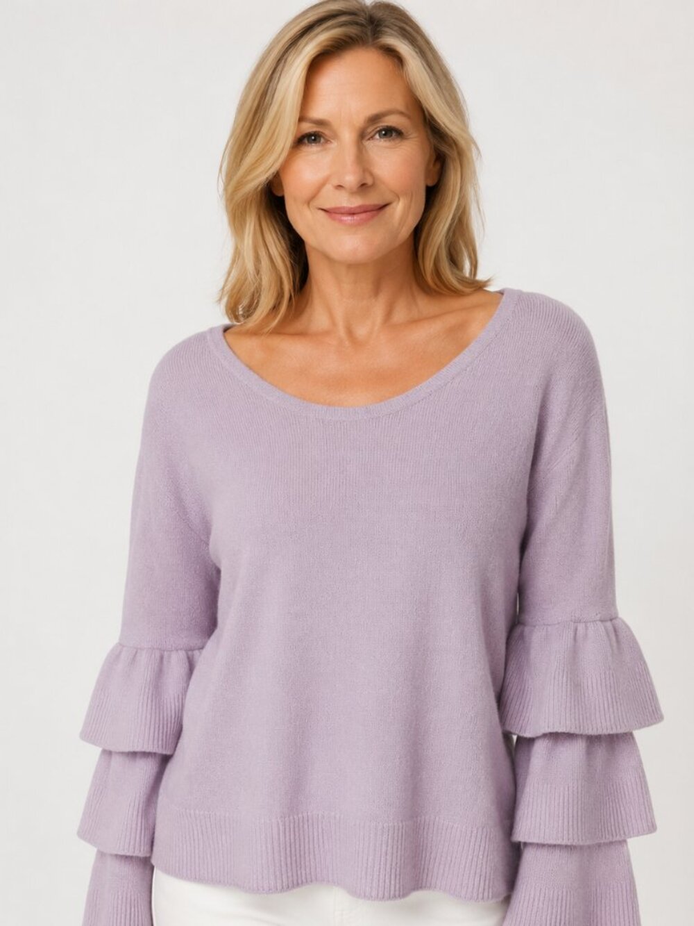 QI Cashmere Lavender Tiered Ruffle Sleeve Pullover Sweater Size M - Picture 1 of 7